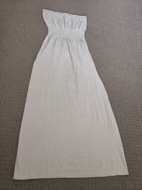 Strapless Smocked Maxi Dress - White with Thin Gray Stripes